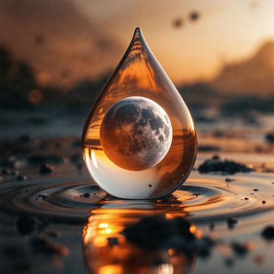 Primary subject: A glass of water with a moon inside.
Setting/background: A rocky surface with a sunset in the background.
Visual style: A photo of the glass of water with the moon inside.
Colors and mood: The colors are warm and the mood is serene, as the sun sets in the background.
